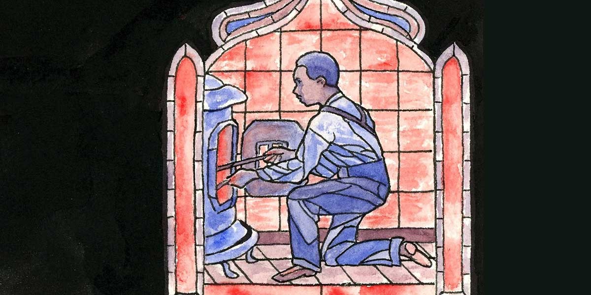 Stained glass artwork of a man in blue overalls kneeling by a stove or furnace with red fire inside.
