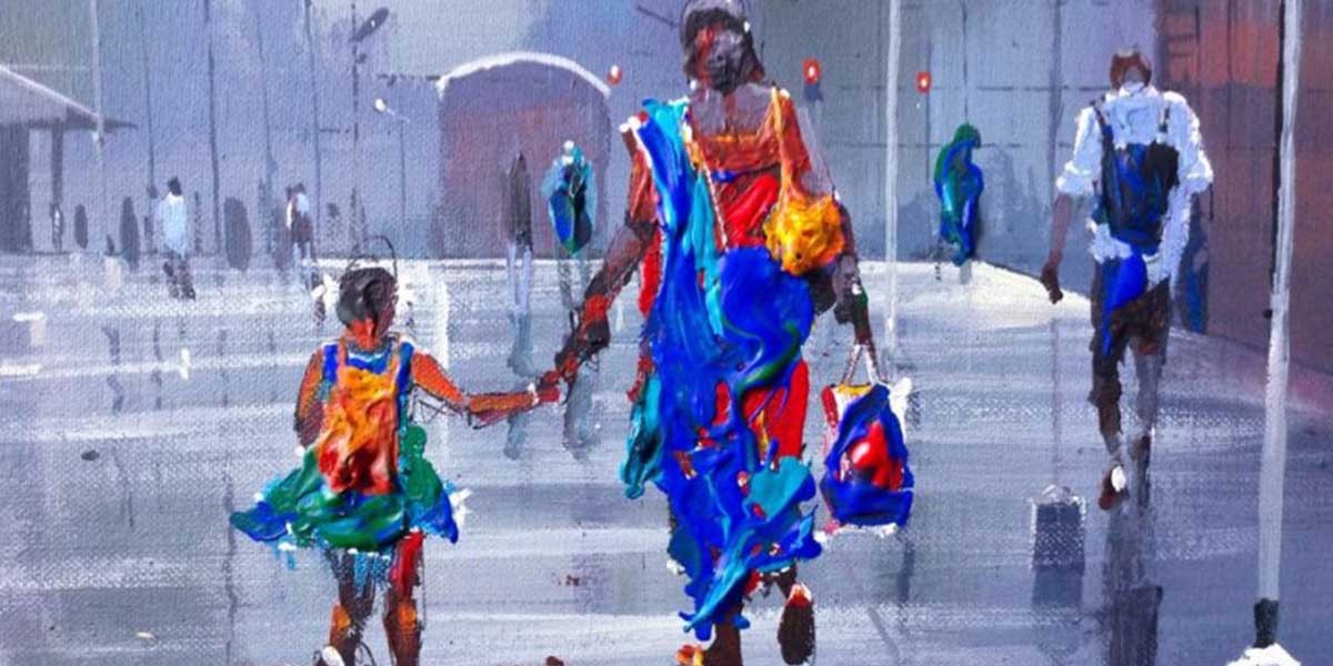 Painting of an adult and child holding hands walking down a reflective street with other figures in the background.