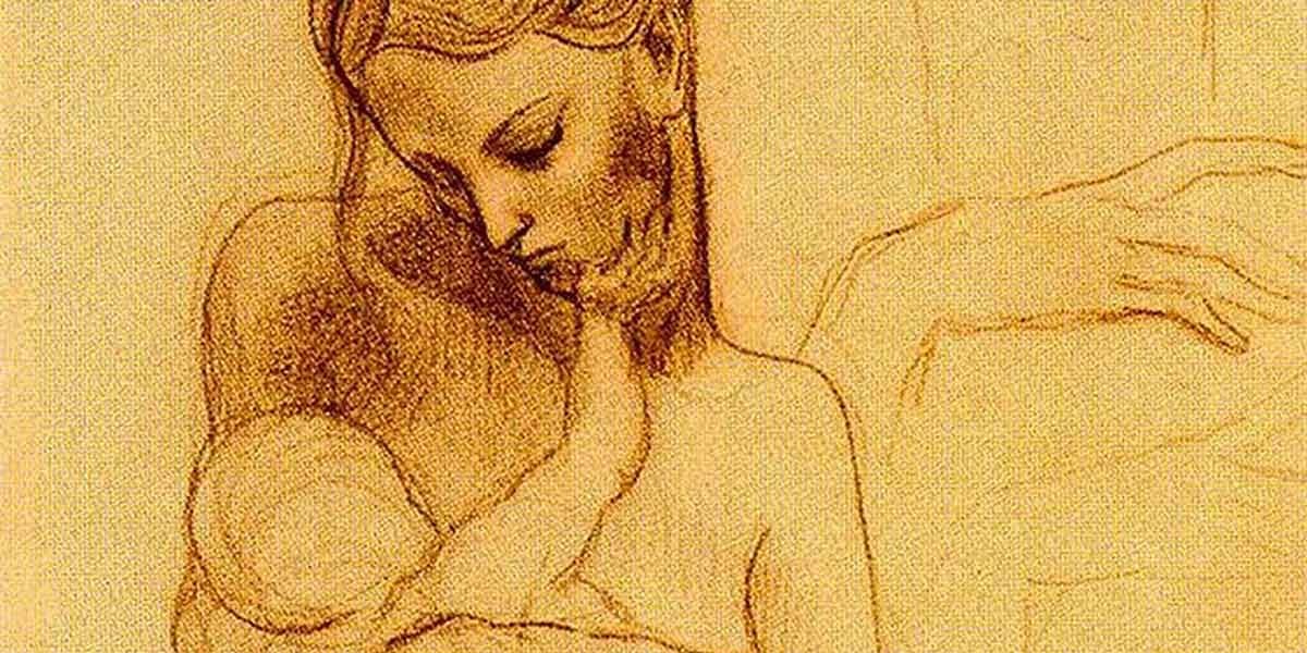 Sketch of a woman holding a baby touching her face gently.