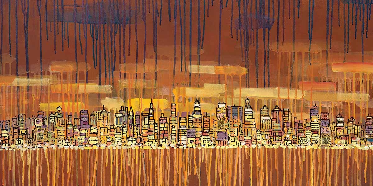 Abstract city skyline with buildings in yellows and oranges on a brown background with dripping paint effects.