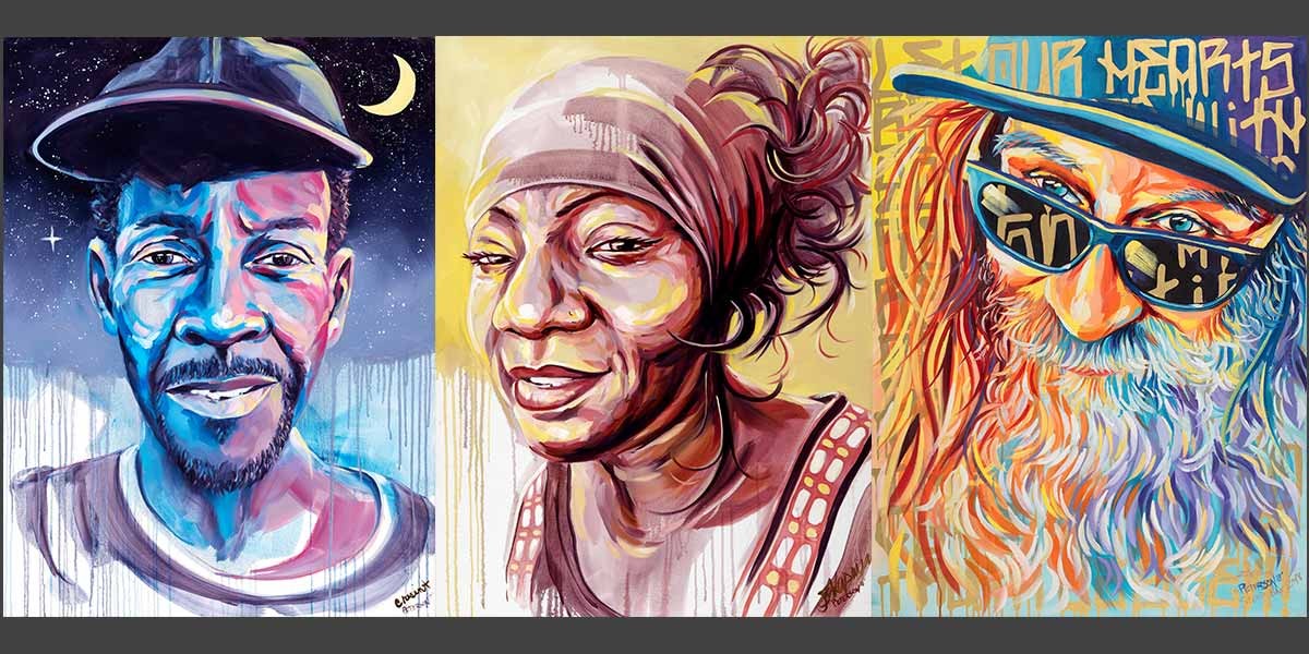 Colorful paintings of three diverse faces: man in cap with night sky, woman in headwrap, and bearded man with glasses.