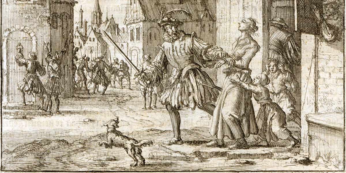 Engraving of a man wielding a sword confronting a woman and children in a town street with onlookers.