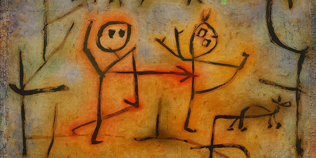 Ancient-style drawing of two stick figures with an arrow between them and a small animal nearby.