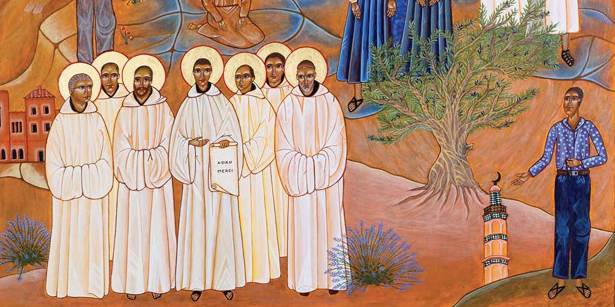 Painting of six robed figures with halos; one holds a scroll reading 'A-DIEU MERCI' near tree and another person.