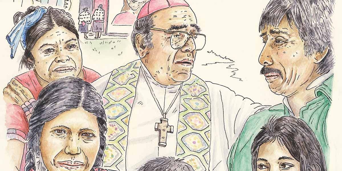 Illustration of a priest with a cross necklace surrounded by diverse people in an outdoor setting.