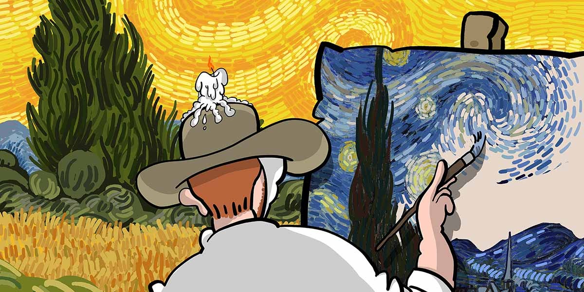 Cartoon of painter with candle hat painting Van Gogh's Starry Night outdoors.