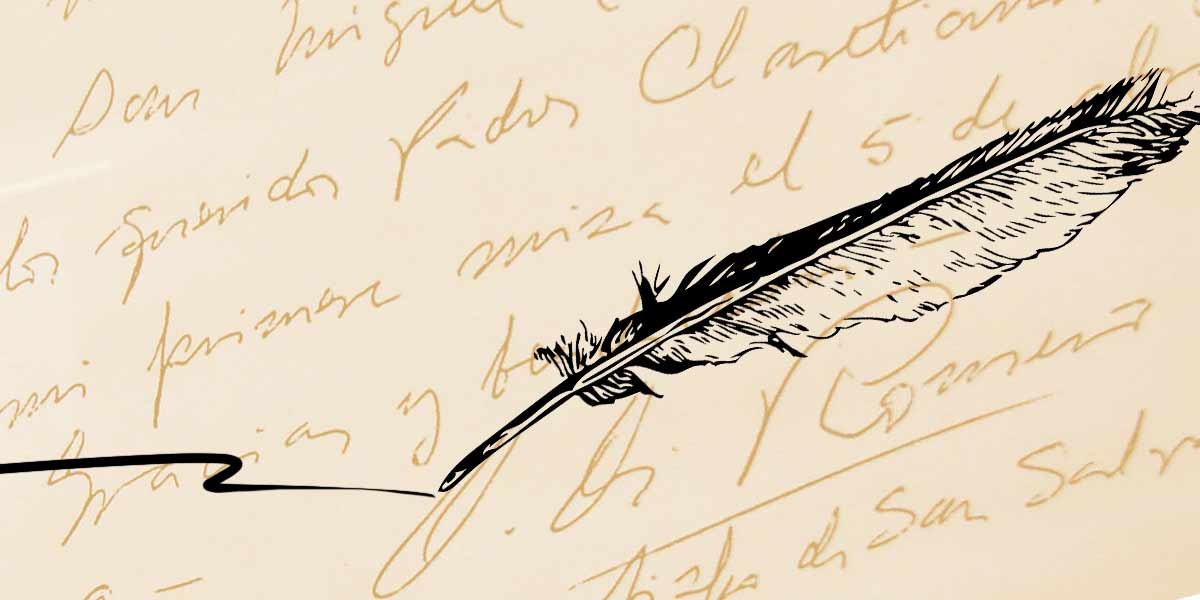 Black ink drawing of a quill pen writing on paper with handwritten cursive text.