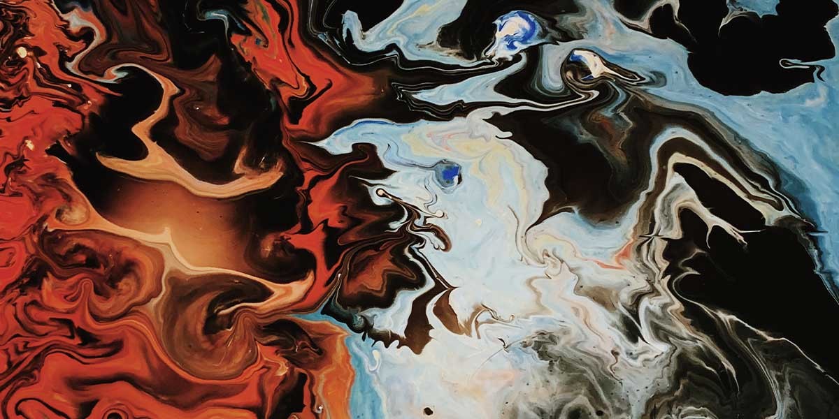 Abstract fluid art swirls in red, brown, black, white, and blue blending in dynamic patterns.