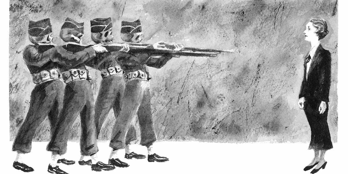 Illustration of four soldiers aiming rifles at a lone woman standing calmly opposite them.
