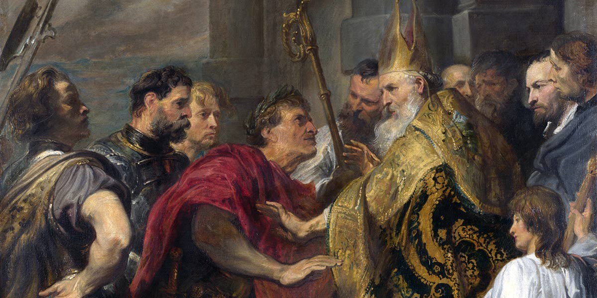 A group of men in a historical scene, including a bishop in a gold robe and a man in a red cloak gesturing.
