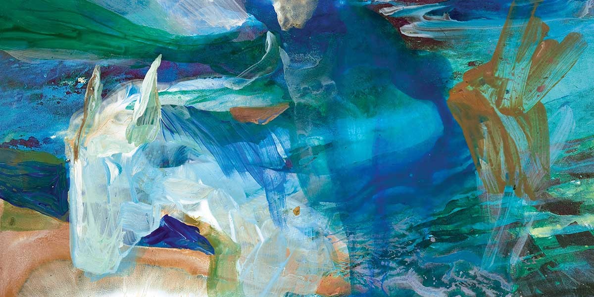 Abstract painting of a translucent blue figure embracing a white horse in a flowing, colorful background.
