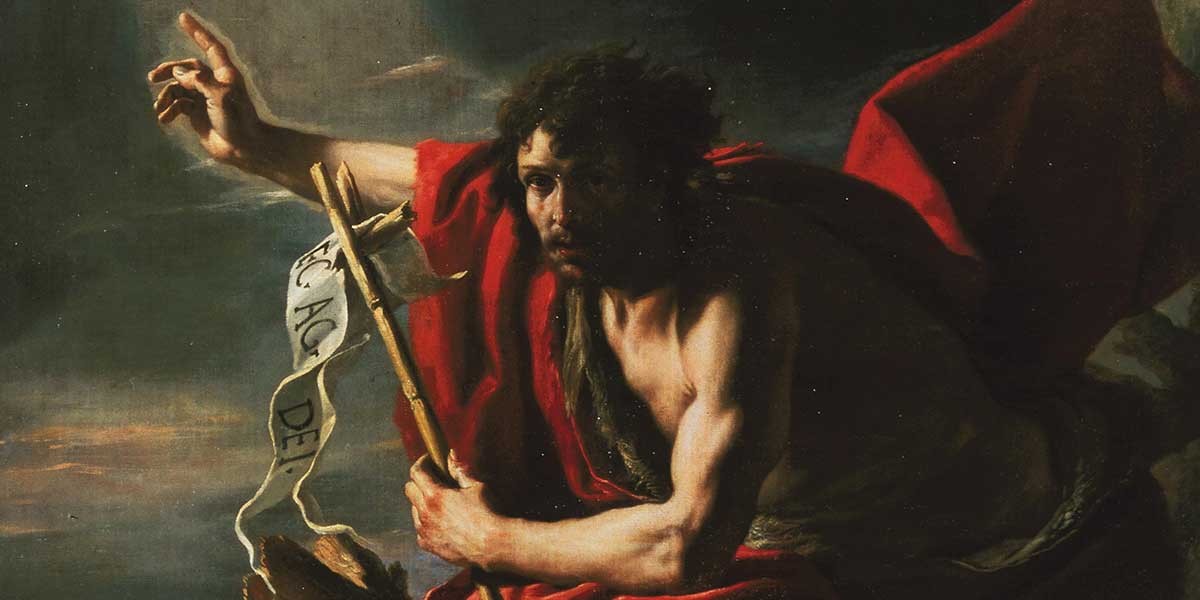 Dramatic painting of a muscular man with red drapery holding a staff with a flowing banner.