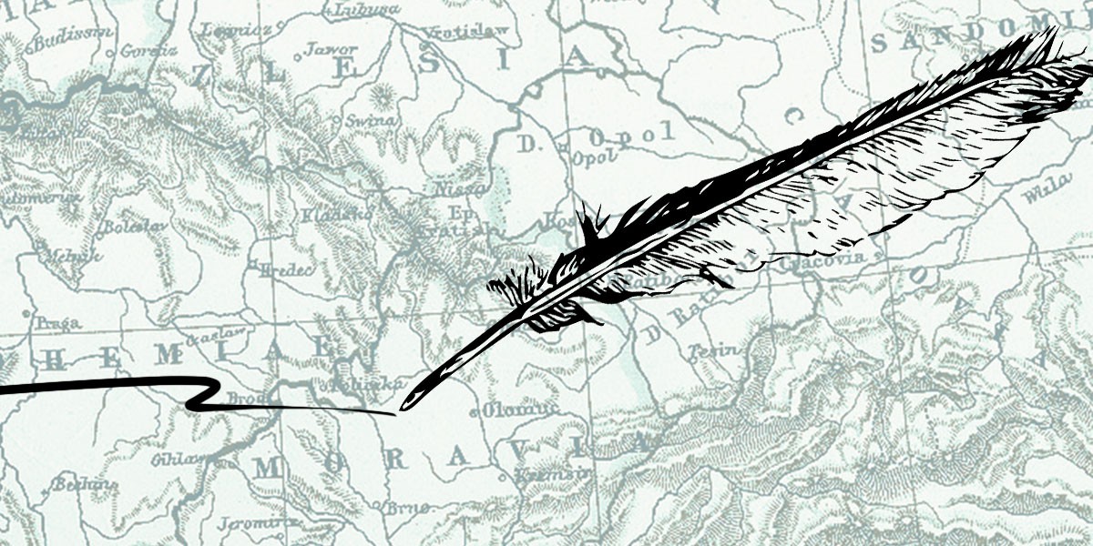 Closeup of a black feather drawing overlaid on a vintage-style geographical map.