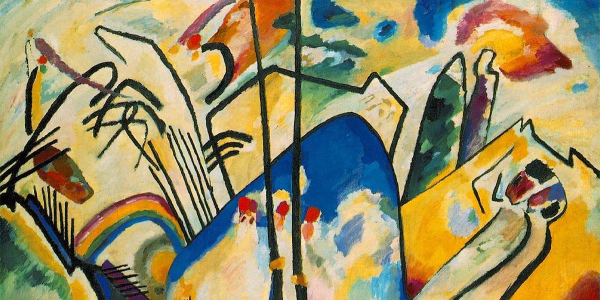 Abstract painting with bold black lines, bright yellow, blue, orange, green, and red shapes and forms.