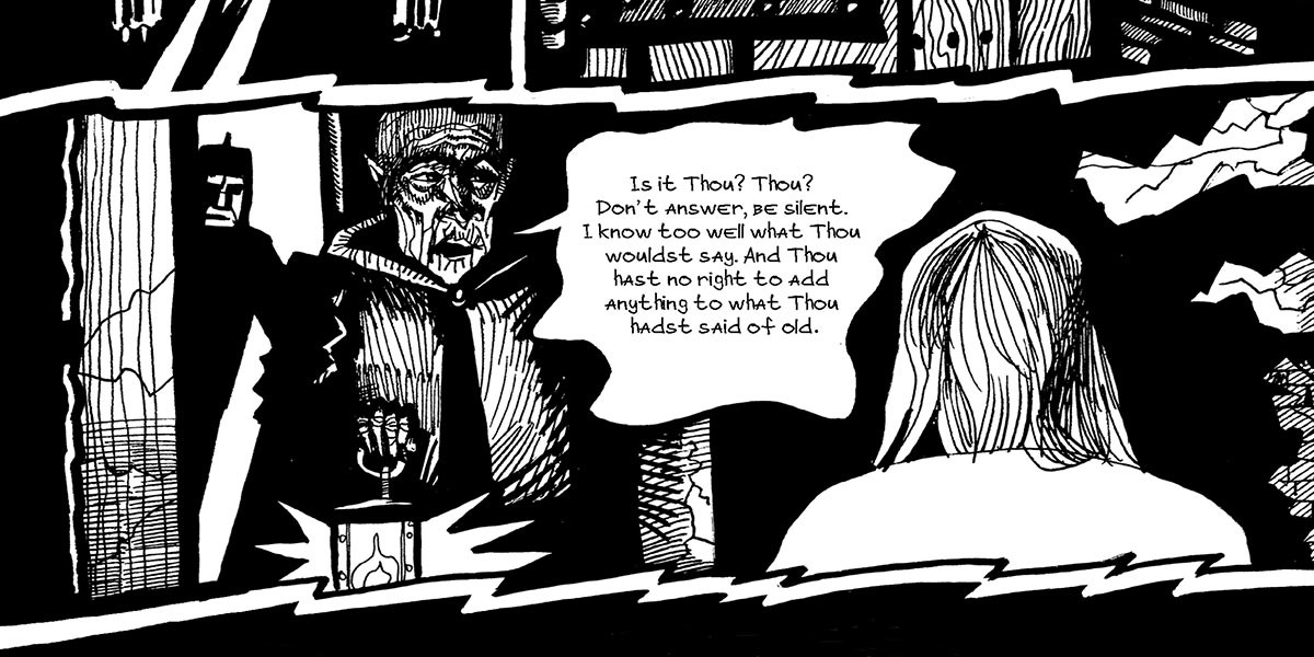 Black and white comic panel of a cloaked figure speaking to a person with long hair and back turned.