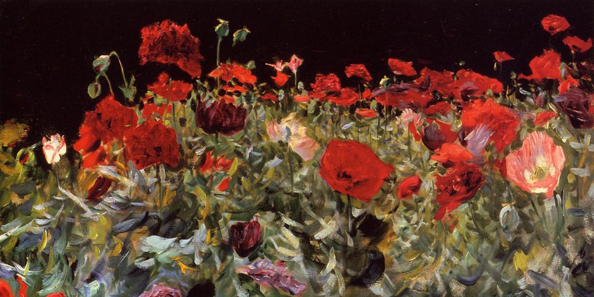 Painting of a field of vibrant red poppies against a dark background with green foliage.