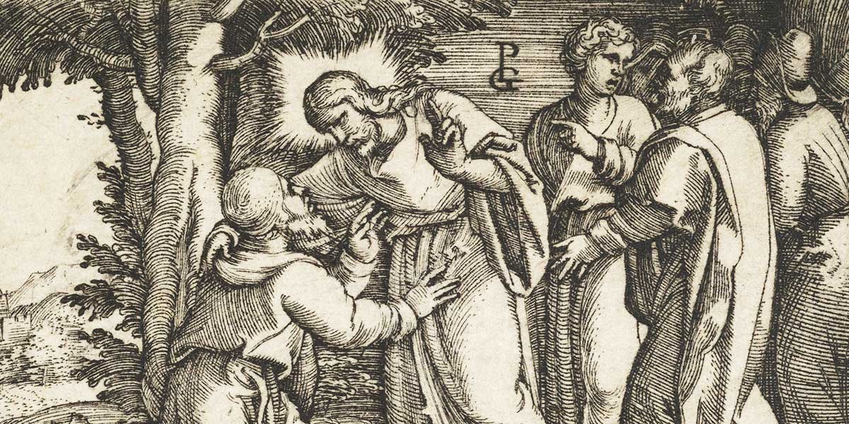 Black and white engraving of a haloed figure leaning toward another kneeling man beside a tree with two others nearby.
