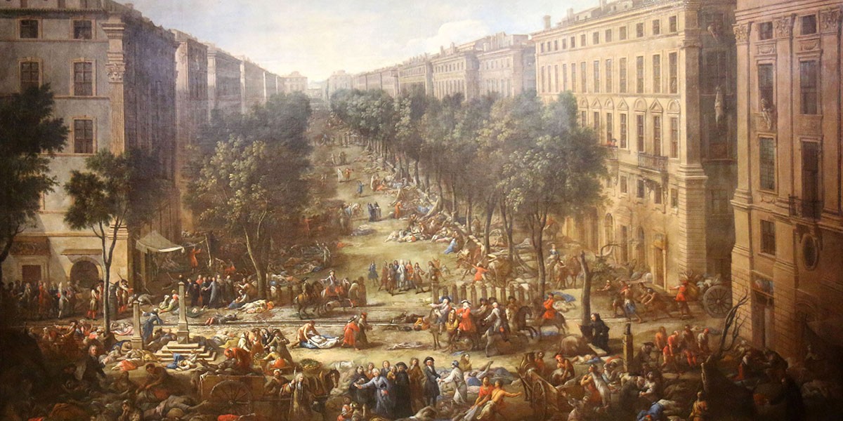 Historical street scene with crowds, trees, and buildings stretching into the distance.