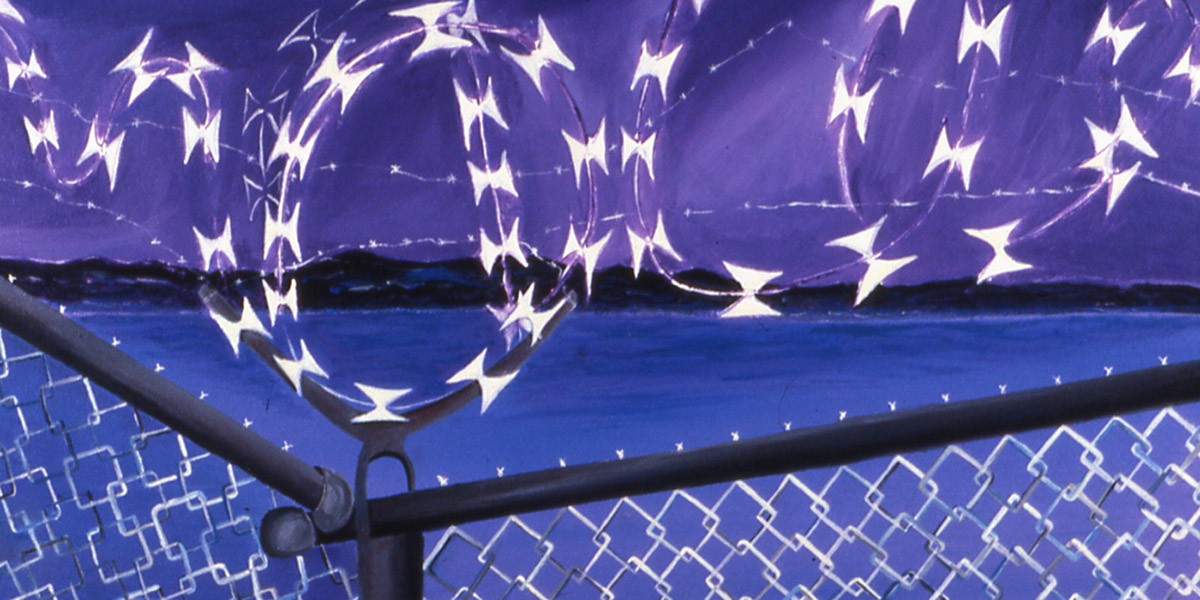 Chain-link fence with barbed wire under a dark purple sky with stylized bird shapes.