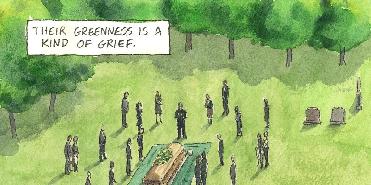 Watercolor illustration of people at a graveside funeral with trees and gravestones nearby.