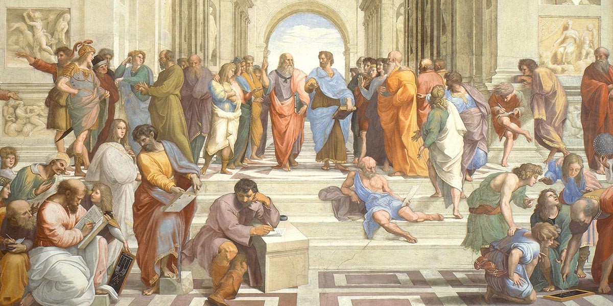 Renaissance painting showing philosophers and scholars gathered in a grand architectural hall.