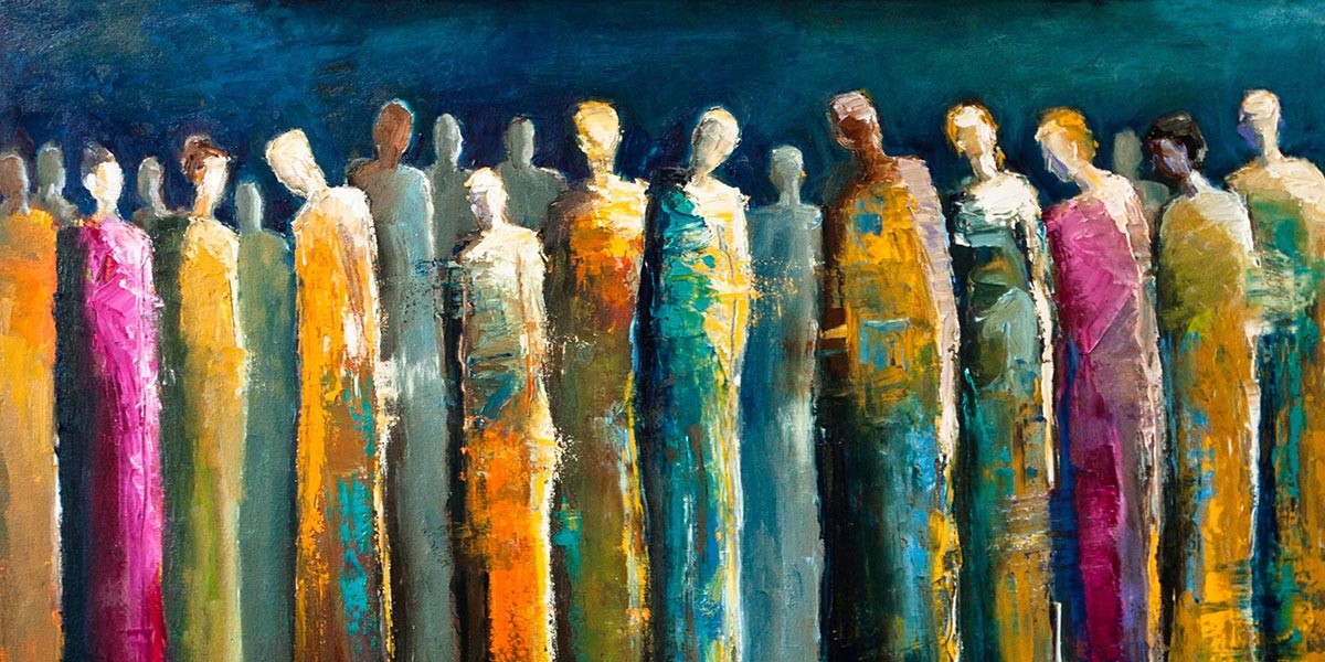 Abstract painting of elongated, faceless figures standing in a row with vibrant colored robes.