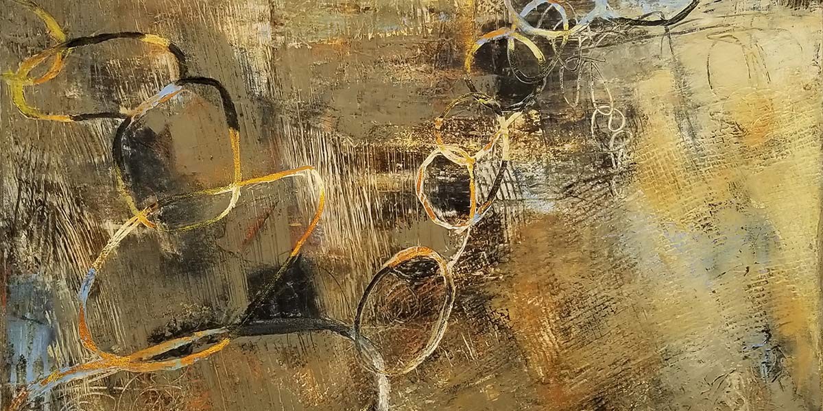 Abstract painting with textured brown and beige background featuring intertwined circular rings in yellow and black.