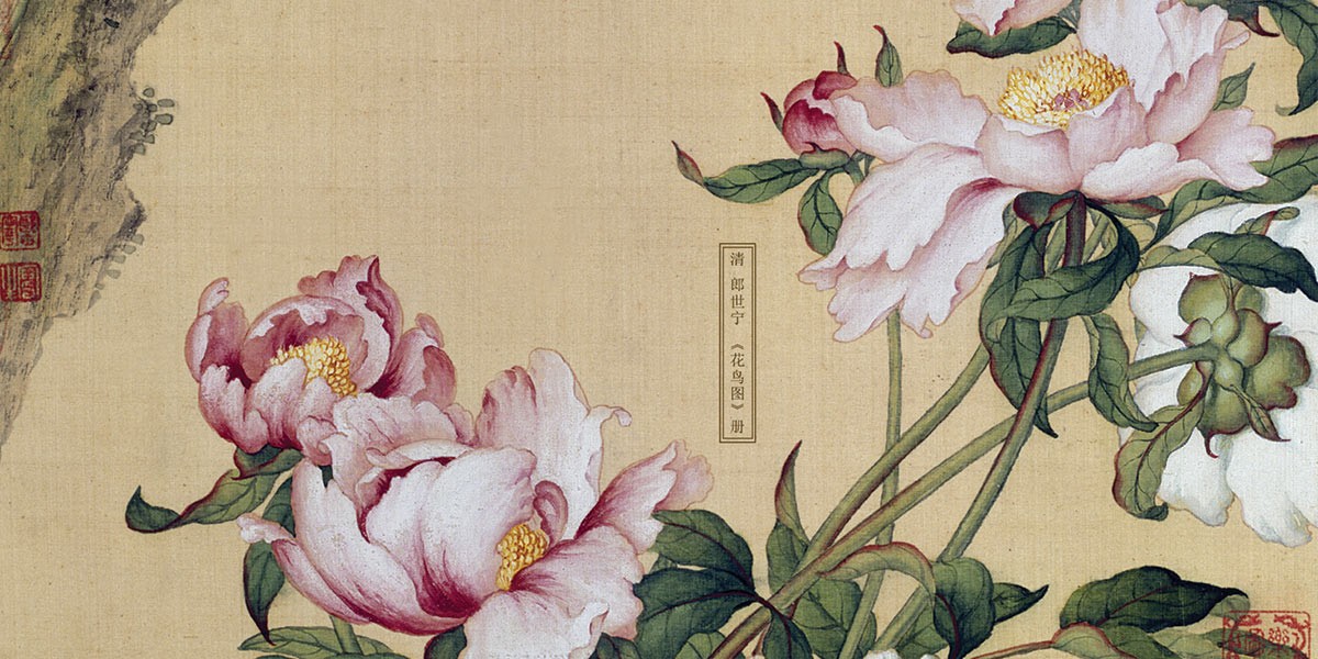 Traditional painting of pink and white peony flowers with green leaves on beige background.