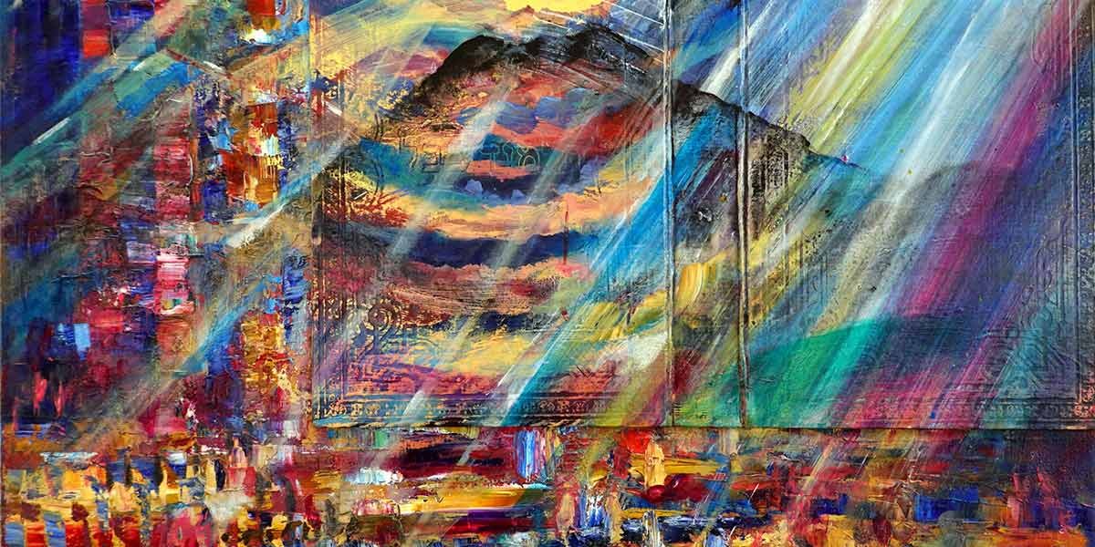 Abstract painting with vibrant streaks of light and colorful textured brushstrokes.