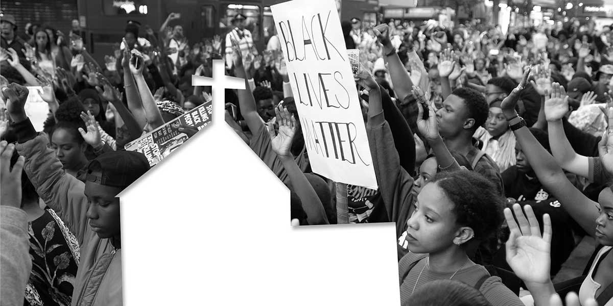 Black and white photo of a Black Lives Matter protest with raised fists and signs amid a crowd.