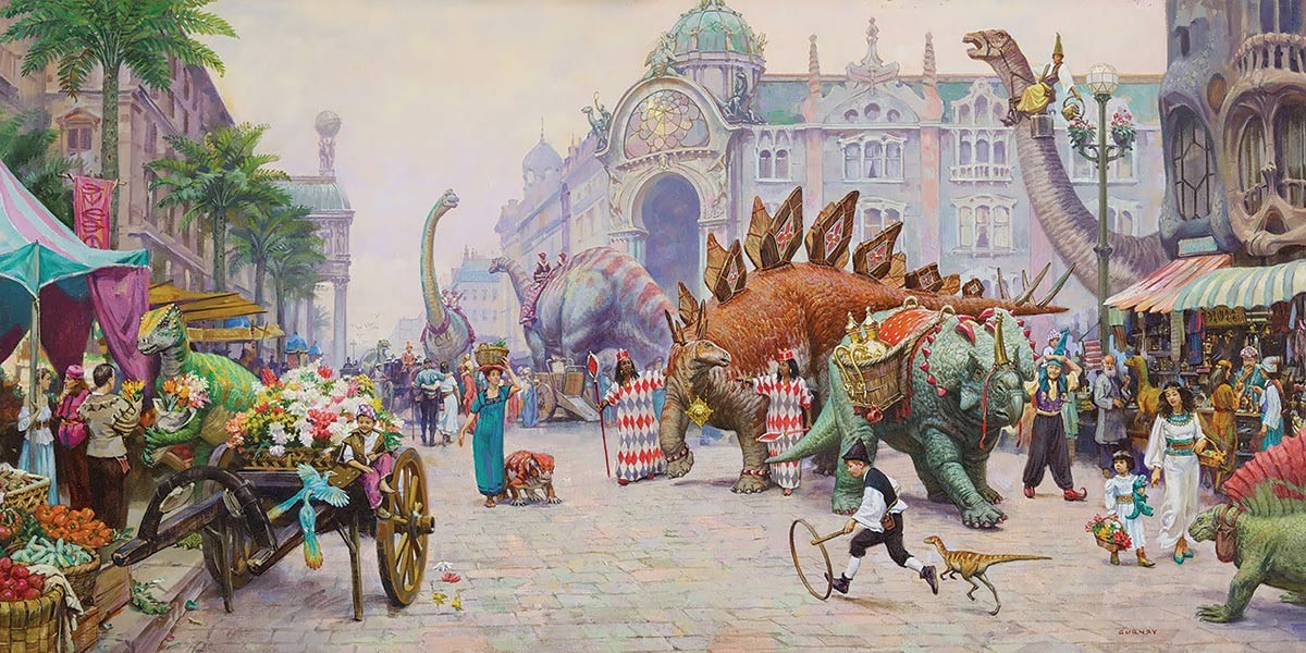 Victorian street scene with dinosaurs mingling among people and children playing with dinosaur toys.