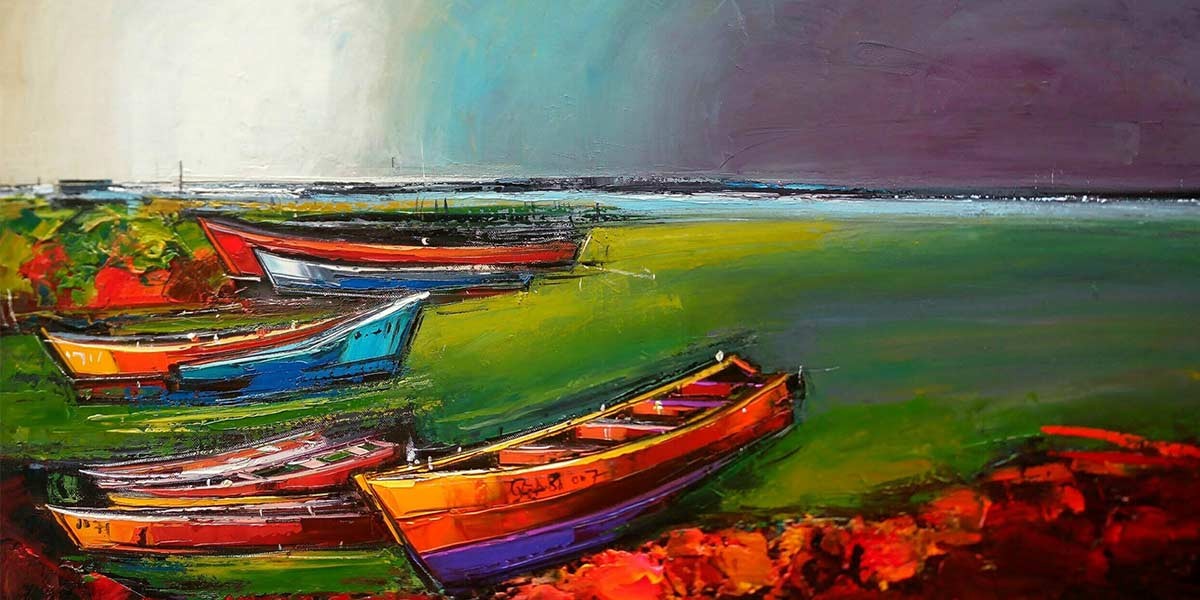 Colorful painted boats resting on green shore with a blue and purple sky background.