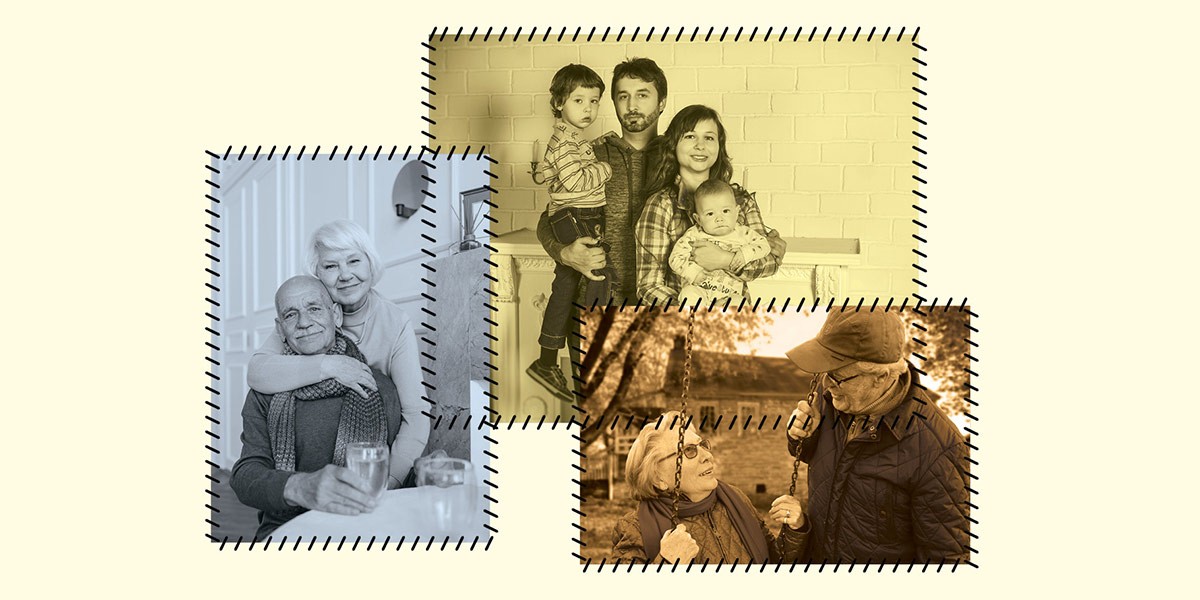 Collage of three family photos: elderly couple, young family with kids, and elderly couple outdoors.