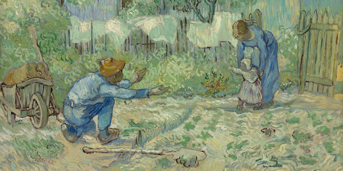 Post-Impressionist painting of a man and woman teaching a toddler to walk in a garden.
