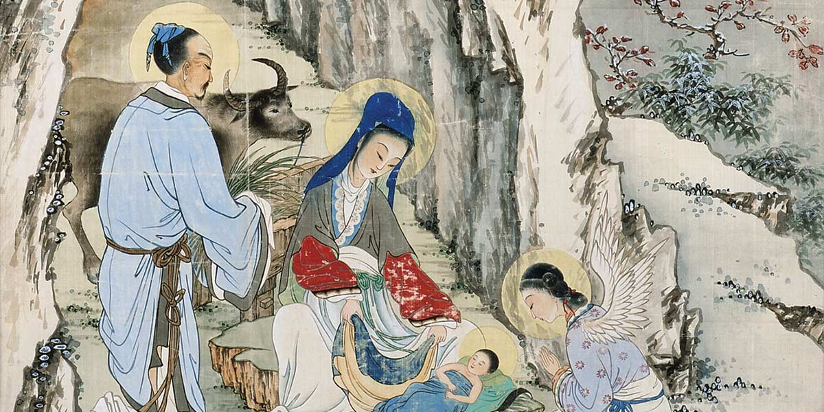 Traditional painting of religious figures with halos, a baby, and an ox in a rocky outdoor setting.