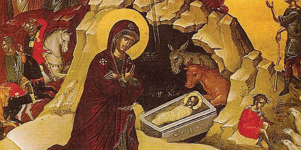 Religious painting of Mary in red robe with halo beside baby Jesus in a manger with animals and figures around.