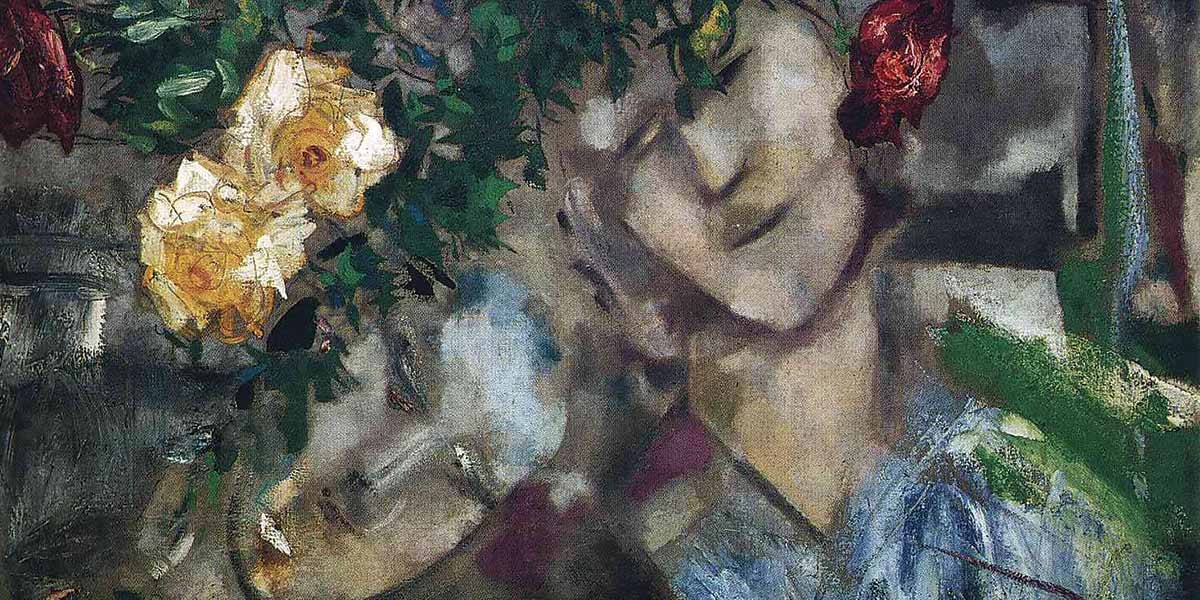 Impressionist painting of two female faces surrounded by yellow and red roses and green foliage.
