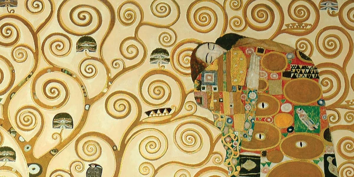 Artistic depiction of a couple embracing surrounded by swirling gold patterns and intricate design details.
