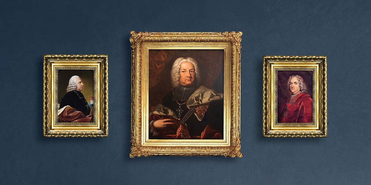 Three ornate framed classical portraits of men with white wigs on a dark blue wall.