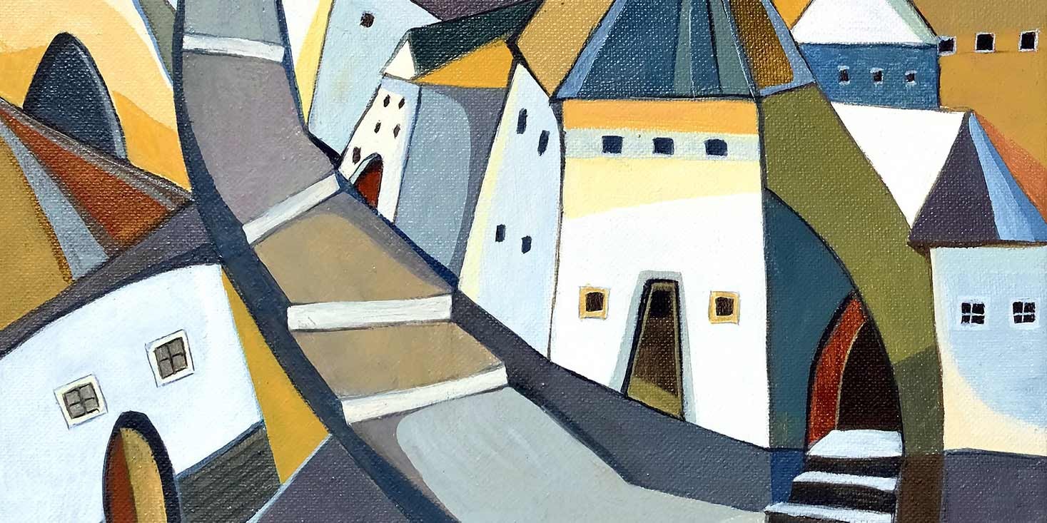 Abstract painting of buildings with geometric shapes and muted colors, featuring stairs and arched doors.