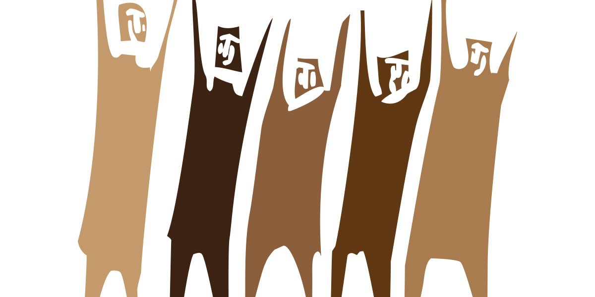 Abstract illustration of five elongated figures holding signs with a stylized white 'TJ' on brown background.