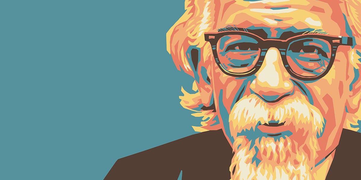 Colorful vector-style portrait of an elderly man with glasses, gray hair, and a beard on teal background.