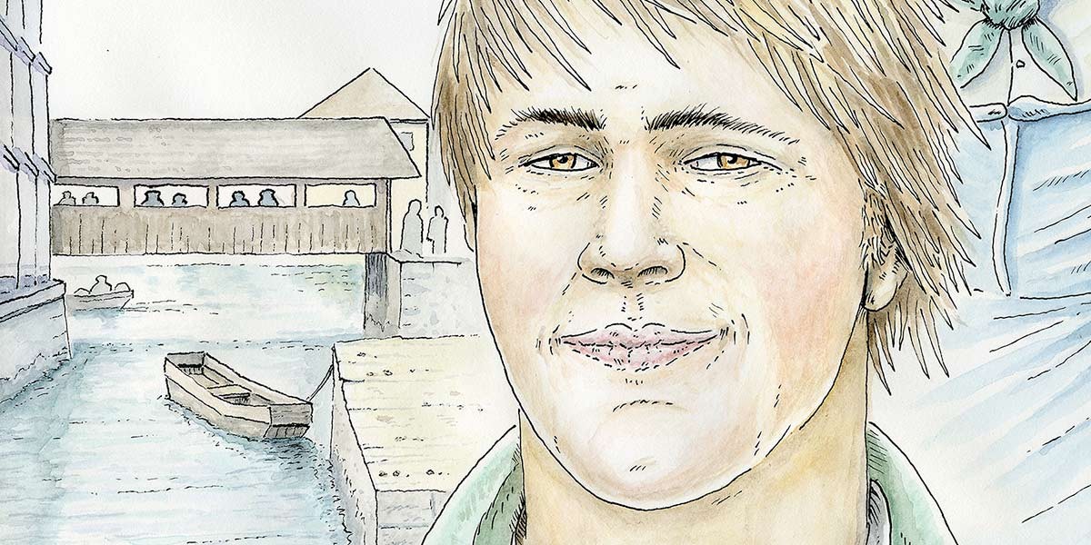 Watercolor portrait of a young man with light hair near a river with a covered wooden bridge and boat.