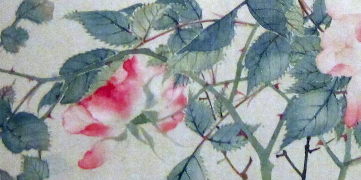 Pink and white roses with green leaves and thorns on stems against a light background.