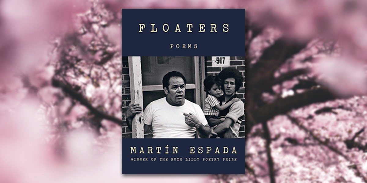 Book cover for Floaters by Martín Espada showing a black-and-white photo of three people on a porch.