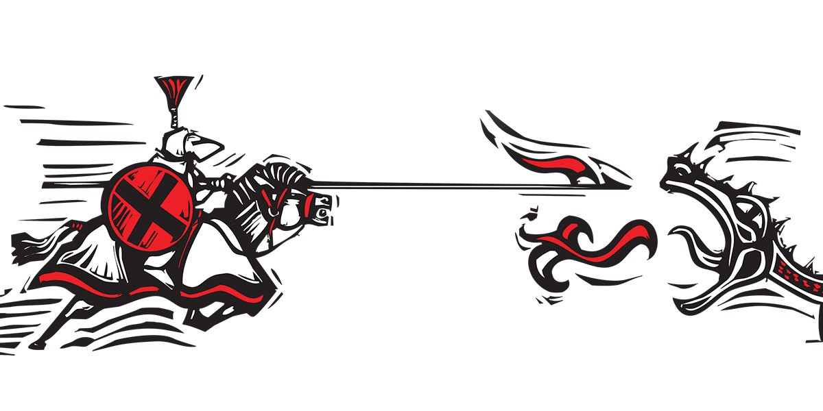 Stylized black and red knight on horseback charging with lance aimed at a dragon breathing fire.