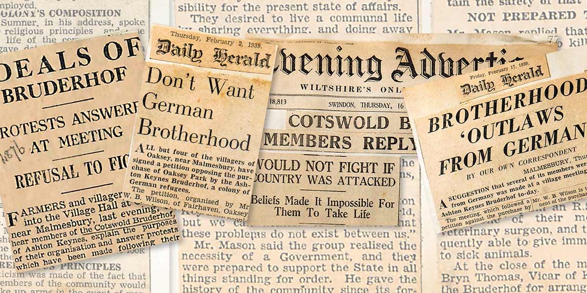 Collage of vintage newspaper clippings about German Brotherhood protests and refusal to fight.