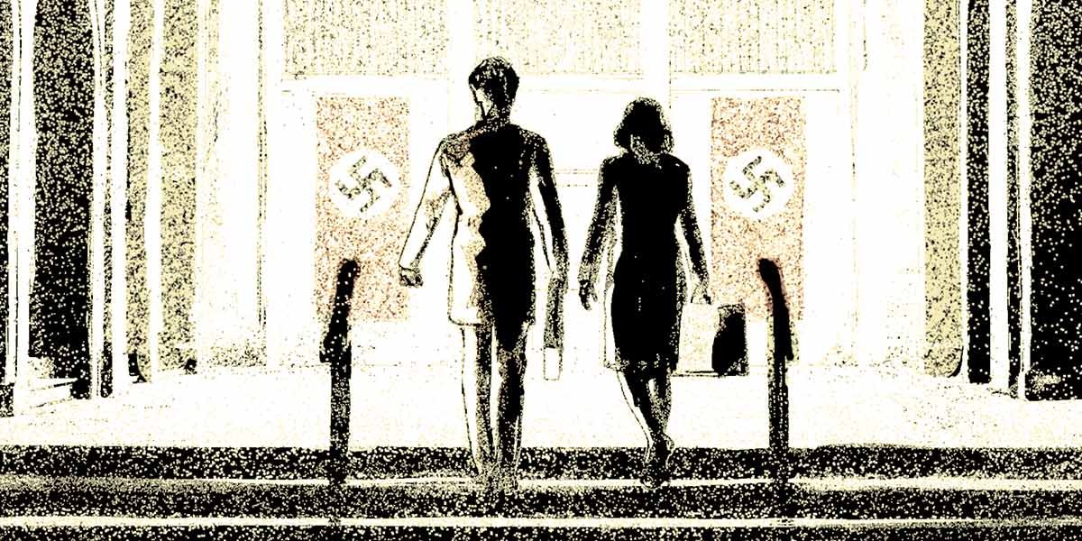 Two people walking up steps toward large banners with swastika symbols in a stylized black and white image.