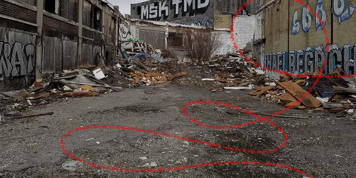 Rubble-strewn vacant lot with graffiti-covered walls and red dashed lines encircling areas on the ground.
