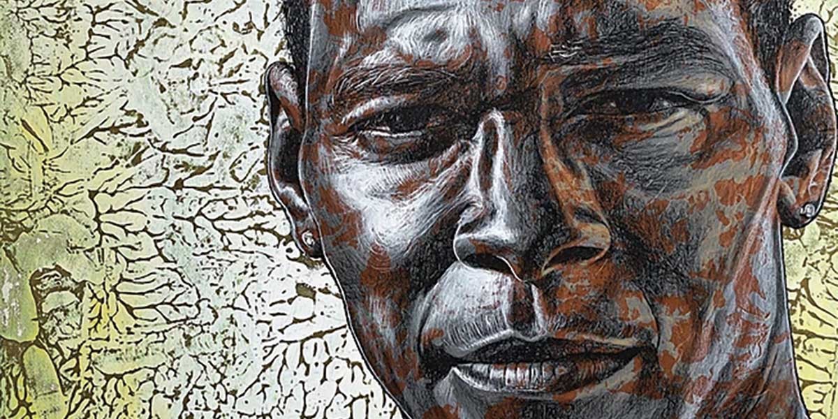 Close-up detailed painting of a man's face with textured brown and white highlights on a cracked white background.